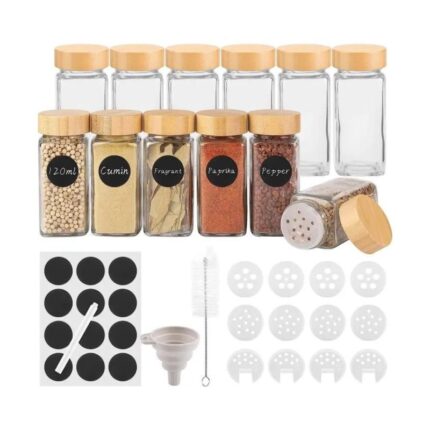 Lot de 12 Pots  Epices en Verre avec Couvercle en Bambou