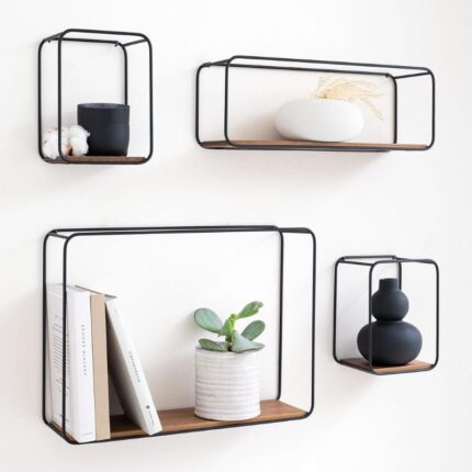 Étagères Murales 4pcs en Métal et Placage de Bois