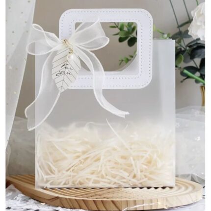 Lot de 12 Sacs avec Poignée en Simili Cuir et Noeud (Baptême, Mariage, etc.) - Blanc