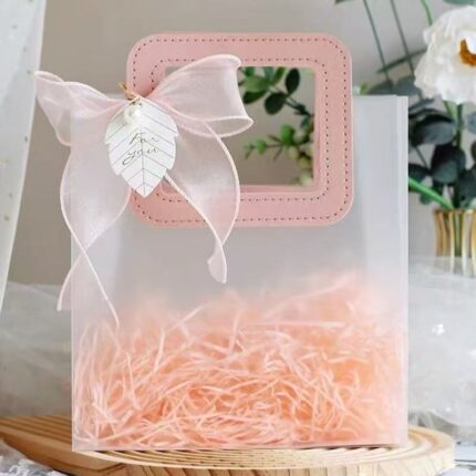 Lot de 12 Sacs avec Poignée en Simili Cuir et Noeud (Baptême, Mariage, etc.) - Rose