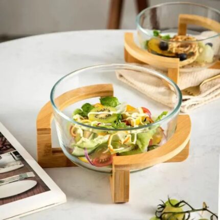 Saladier en Verre avec Support en Bois