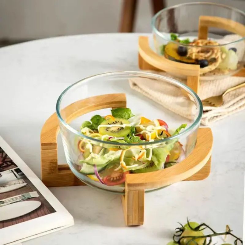 Copie de Copie de Copie de Copie de Copie de Sans titre (10) Saladier en Verre avec Support en Bois – Image 1