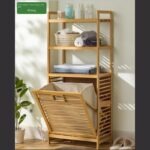 Etagère en Bambou à 3 Niveaux + Panier à Linge Amovible - 119x50cm