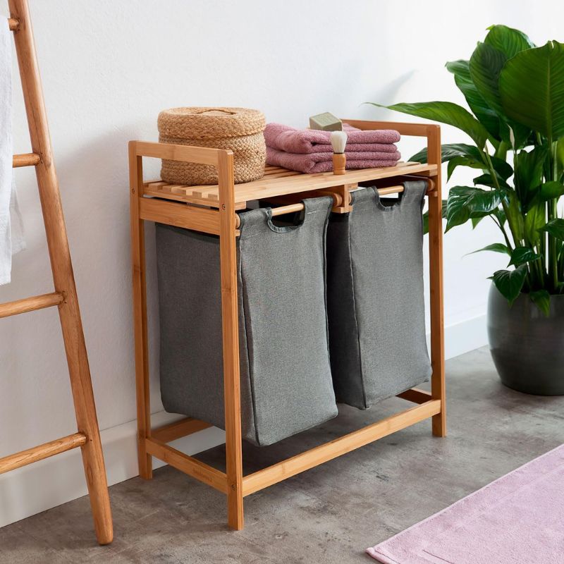 Copie de Copie de Sans titre - 2025-10-13T084251.849 Panier à Linge à 2 Compartiments avec Etagère en Bois – Image 3