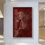 Grand Tableau D'art Mural - Cheval Rouge & Or - 70x140cm