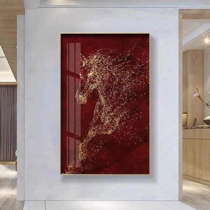 Grand Tableau D'art Mural - Cheval Rouge & Or - 70x140cm