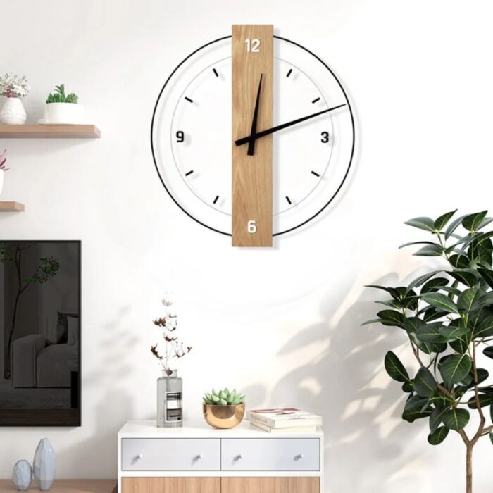 Grande Horloge Murale Minimaliste en Bois Massif et Acrylique