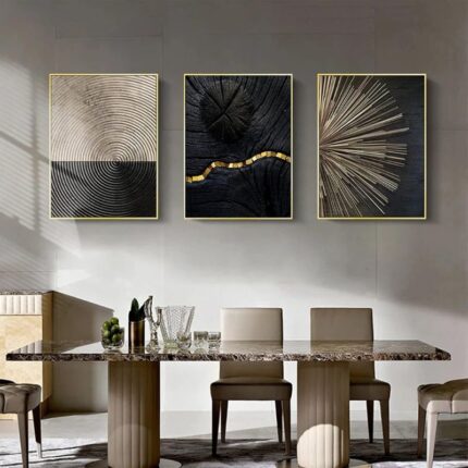 Set de 3 Tableaux Muraux Abstraits Noir & Or - (70 x 100cm par Tableau)