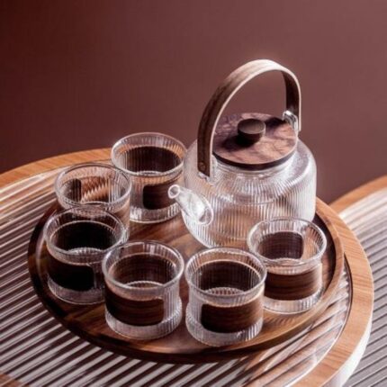 Théière en Verre avec Manche et Couvercle en Bois + 6 Tasses + Plateau en Bois