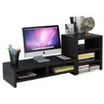 Support de Moniteur de Bureau en Bois avec Etagère 3 Niveaux